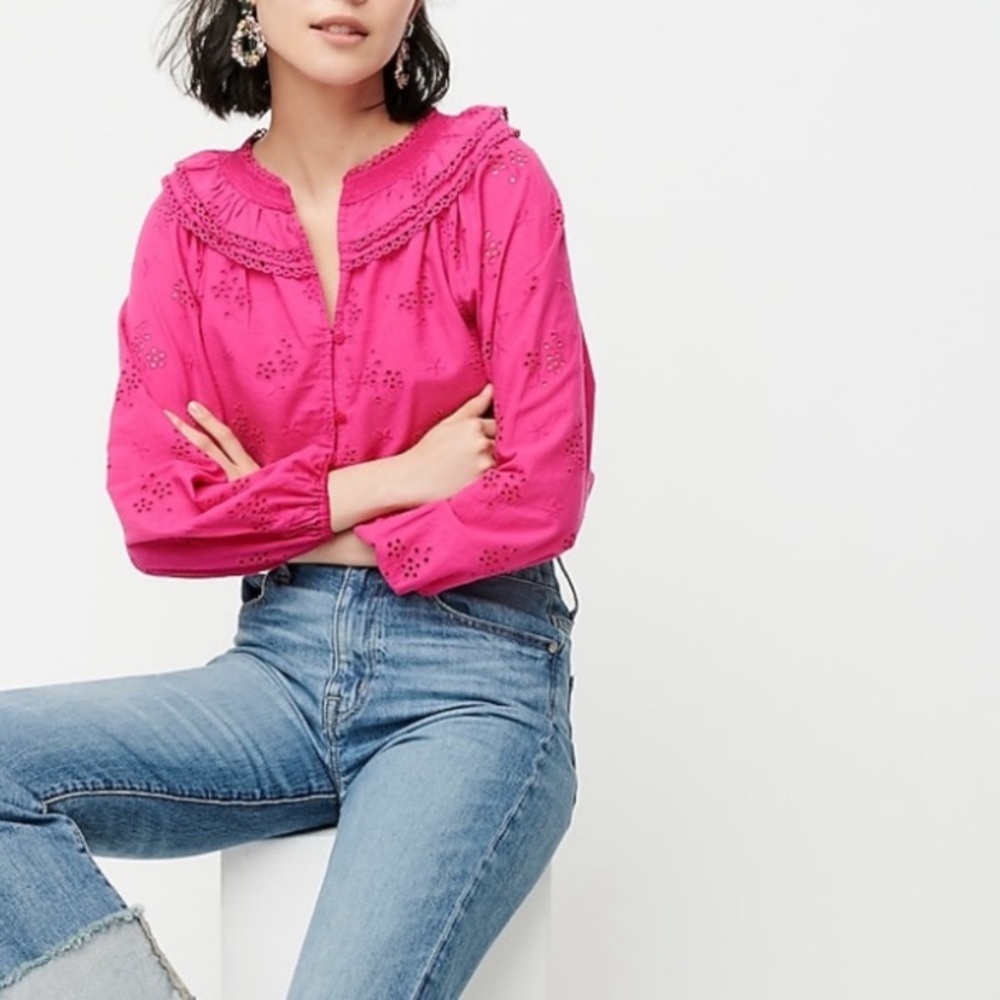 J. CREW Fuchsia Pink Cotton Eyelet Peasant Blouse